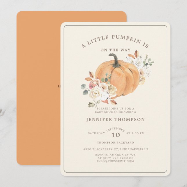 Rustic Little Pumpkin Floral Baby Shower Invitation (Front/Back)