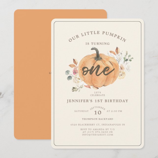 Rustic Little Pumpkin Floral First Birthday Invitation (Front/Back)