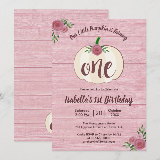 Rustic Little Pumpkin Girl Pink 1st Birthday Party Invitation (Front/Back)