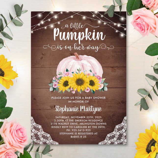Rustic Little Pumpkin Sunflower Lights Baby Shower Invitation (Creator Uploaded)