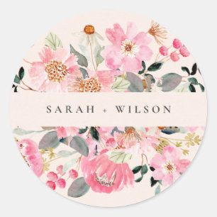 Rustic Lively Blush Pink Watercolor Floral Wedding Classic Round Sticker