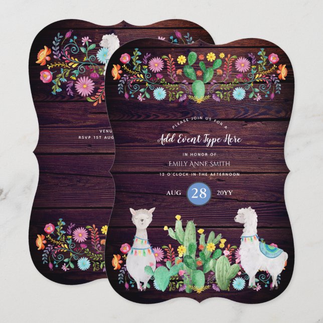 Rustic Llama Watercolor Folk Flowers ANY EVENT Invitation (Front/Back)