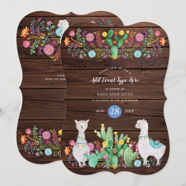 Rustic Llama Watercolor Folk Flowers ANY EVENT Invitation (Front/Back)