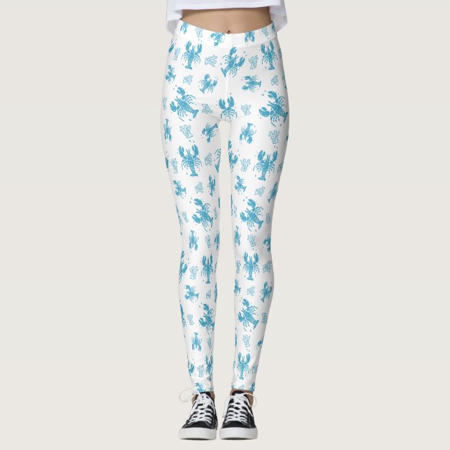 Rustic Lobster Nautical Block Print Pattern Leggings (Front)