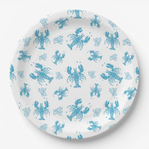 Rustic Lobster Nautical Block Print Pattern Paper Plate