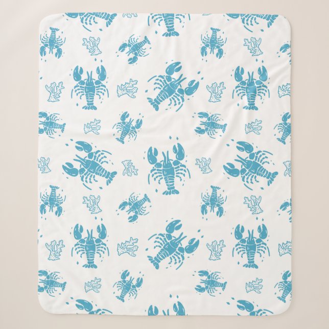 Rustic Lobster Nautical Block Print Pattern Sherpa Blanket (Front)