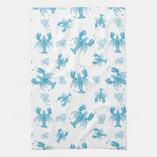 Rustic Lobster Nautical Block Print Pattern Tea Towel
