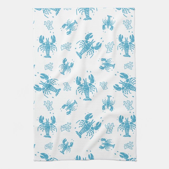 Rustic Lobster Nautical Block Print Pattern Tea Towel (Vertical)