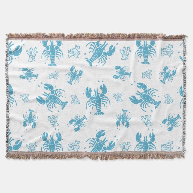 Rustic Lobster Nautical Block Print Pattern Throw Blanket (Front)