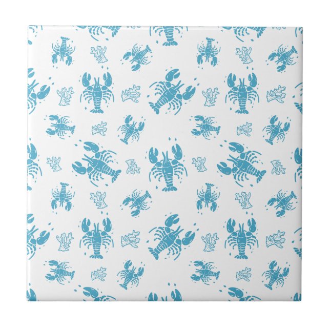 Rustic Lobster Nautical Block Print Pattern Tile (Front)