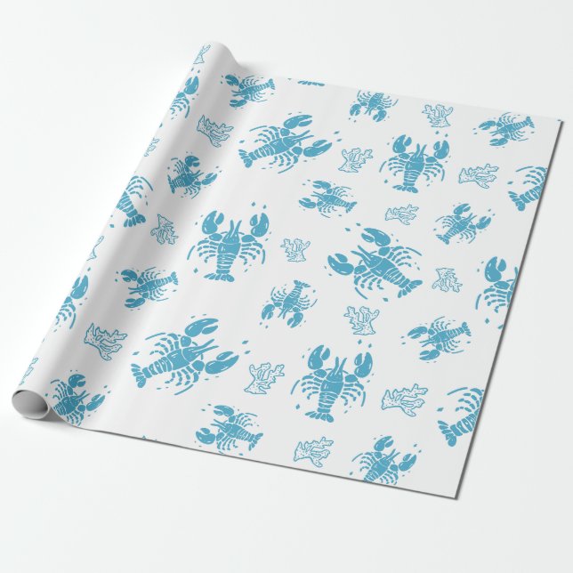 Rustic Lobster Nautical Block Print Pattern Wrapping Paper (Unrolled)