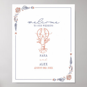 Rustic Lobster Red & Blue Beach Wedding Welcome Poster