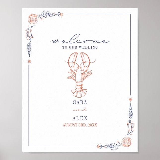 Rustic Lobster Red & Blue Beach Wedding Welcome Poster (Front)