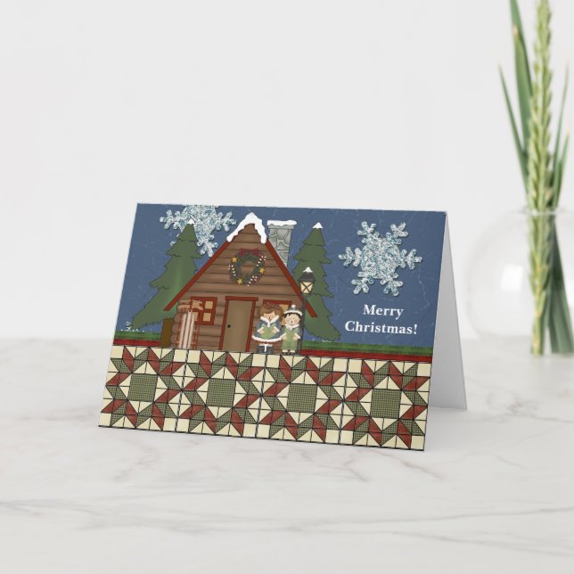 Rustic Lodge Country Cabin Christmas at Night Holiday Card (Front)