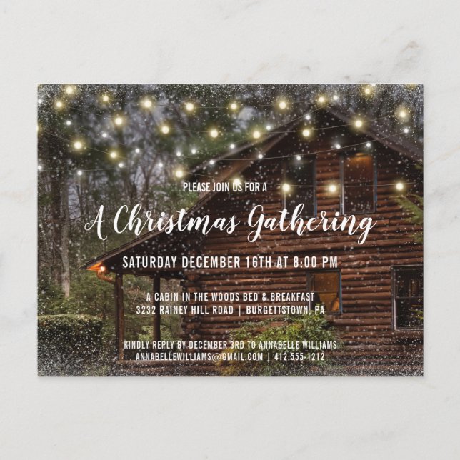 Rustic Log Cabin Christmas Party Invitation Postcard (Front)