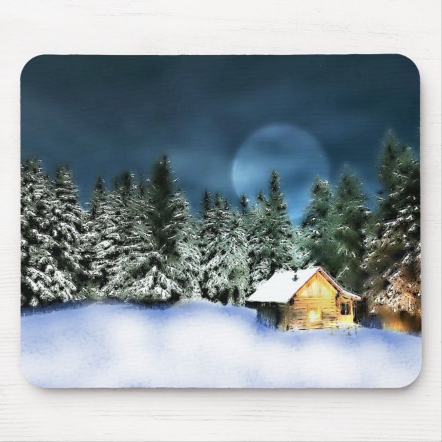 Rustic Log Cabin Full Moon Mouse Mat (Front)