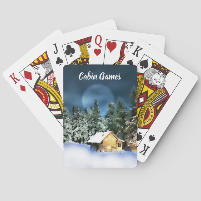 Rustic Log Cabin Full Moon Playing Cards (Back)