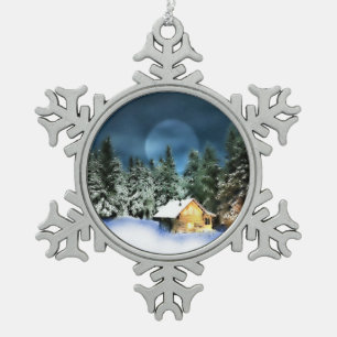 Rustic Log Cabin Full Moon Snowflake Pewter Christmas Ornament