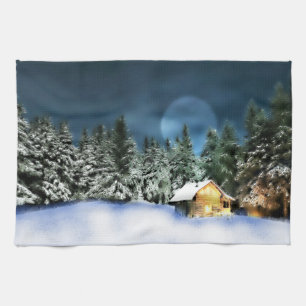 Rustic Log Cabin Full Moon Tea Towel