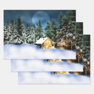 Rustic Log Cabin Full Moon Wrapping Paper Sheet