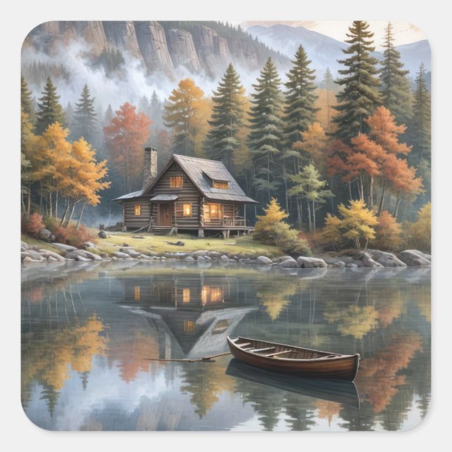 Rustic Log Cabin In the Mountains  Square Sticker (Front)