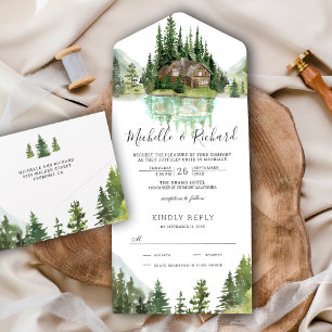Rustic Log Cabin Mountain Forest Lake Wedding All In One Invitation
