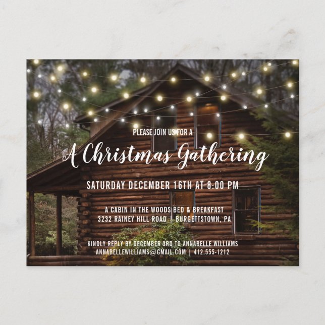 Rustic Log Cabin String Lights Christmas Party Invitation Postcard (Front)