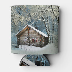 Rustic Log Cabin Winter Magic Can Cooler