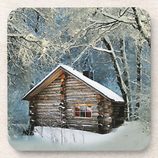 Rustic Log Cabin Winter Magic Coaster (Front)