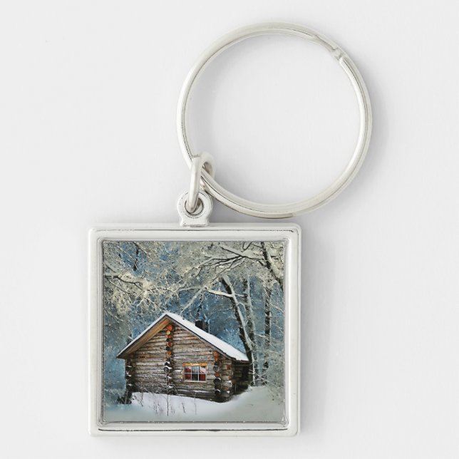 Rustic Log Cabin Winter Magic Key Ring (Front)
