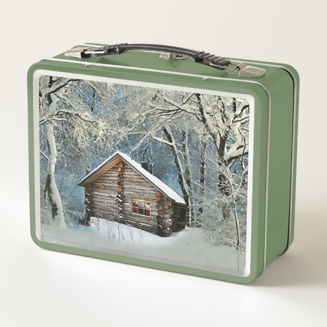 Rustic Log Cabin Winter Magic Metal Lunch Box (Back)