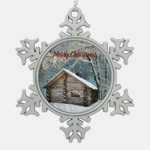 Rustic Log Cabin Winter Magic Snowflake Pewter Christmas Ornament