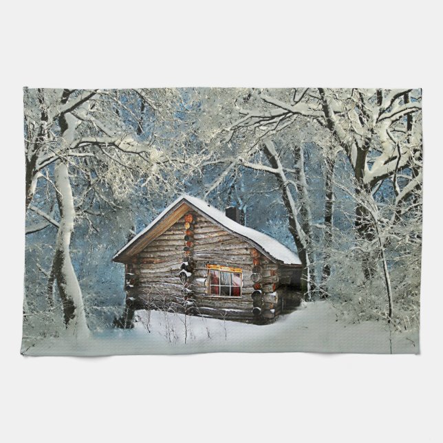 Rustic Log Cabin Winter Magic Tea Towel (Horizontal)