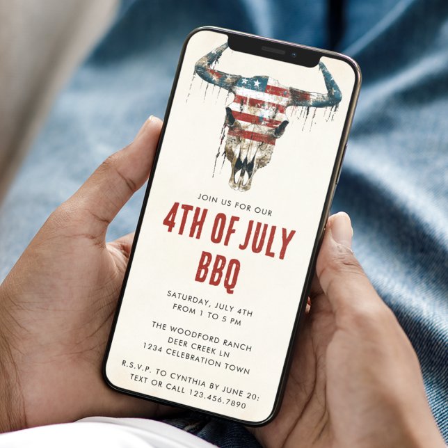 Rustic Longhorn US Flag 4th July BBQ Invitation (Creator Uploaded)