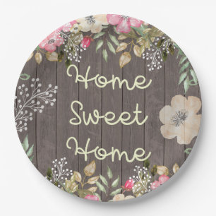 Rustic Look Home Sweet Home Floral Wood Paper Plate