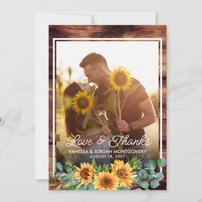Rustic Love and Thanks Sunflower Wedding Photo Thank You Card (Front)