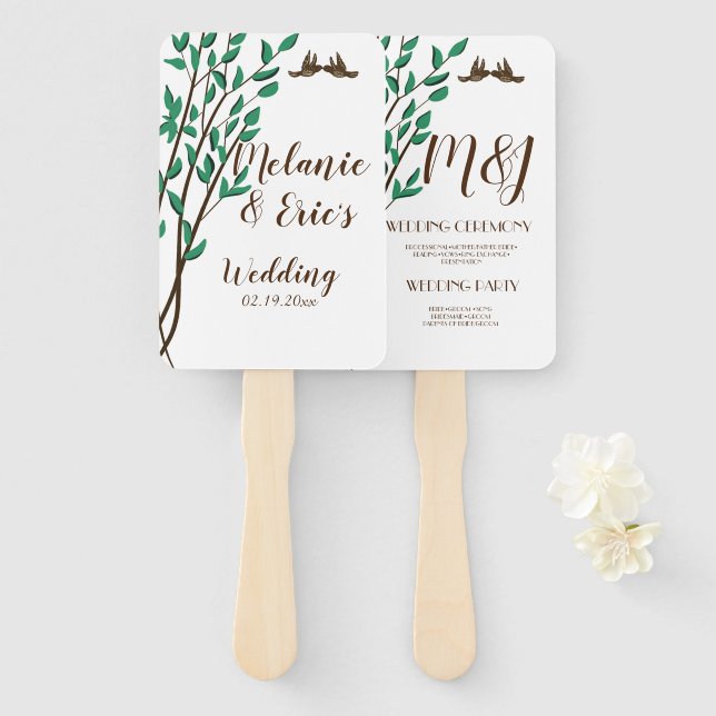 Rustic Love Birds and Branches Wedding Program Hand Fan (Front and Back)