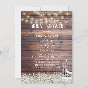 Rustic Love Birds Cage String Lights Bridal Shower Invitation