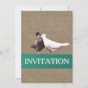 Rustic Love Birds Teal Ribbon Burlap Wedding Invitation