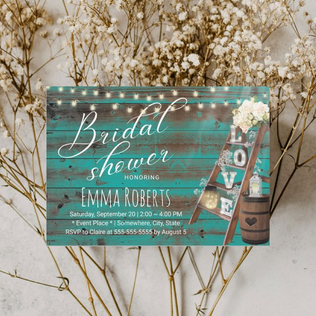 Rustic Love Ladder Wine Barrel Teal Bridal Shower Invitation (Creator Uploaded)