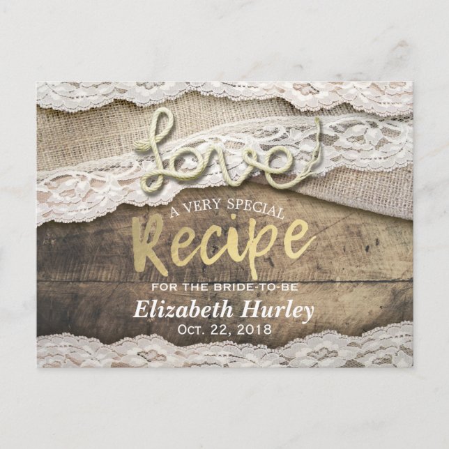 Rustic Love Rope Burlap Lace Bridal Shower Recipe Invitation Postcard (Front)