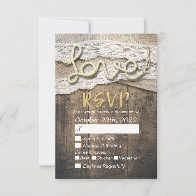 Rustic Love Rope Burlap Lace Wedding RSVP Reply Card (Front)