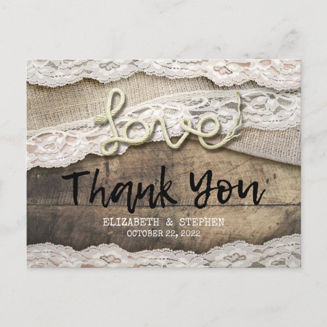 Rustic Love Rope Burlap Lace Wedding Thank You Postcard (Front)