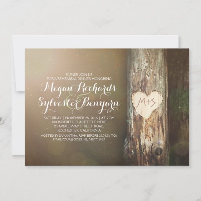 rustic love tree country rehearsal dinner invites (Front)