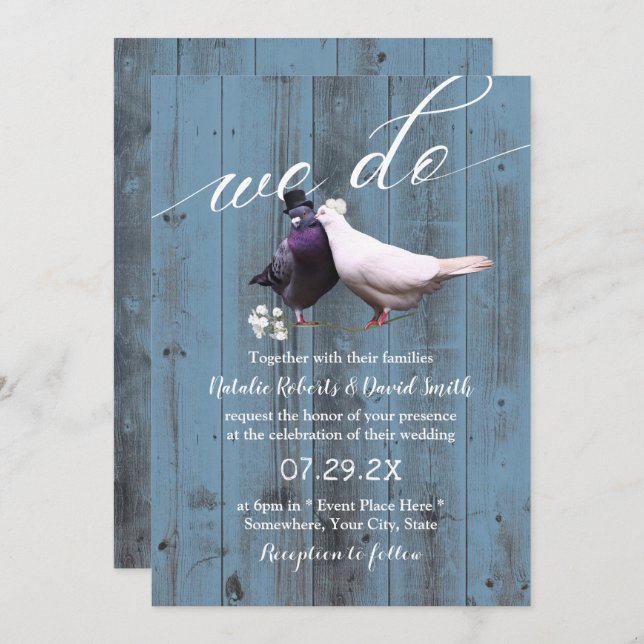 Rustic Lovebirds We Do Dusty Blue Barn Wedding Invitation (Front/Back)