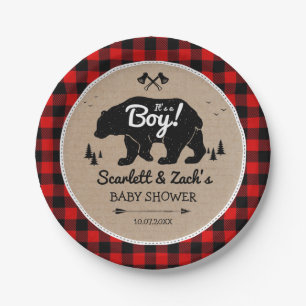 Rustic Lumberjack Bear Boy Baby Shower Paper Plate