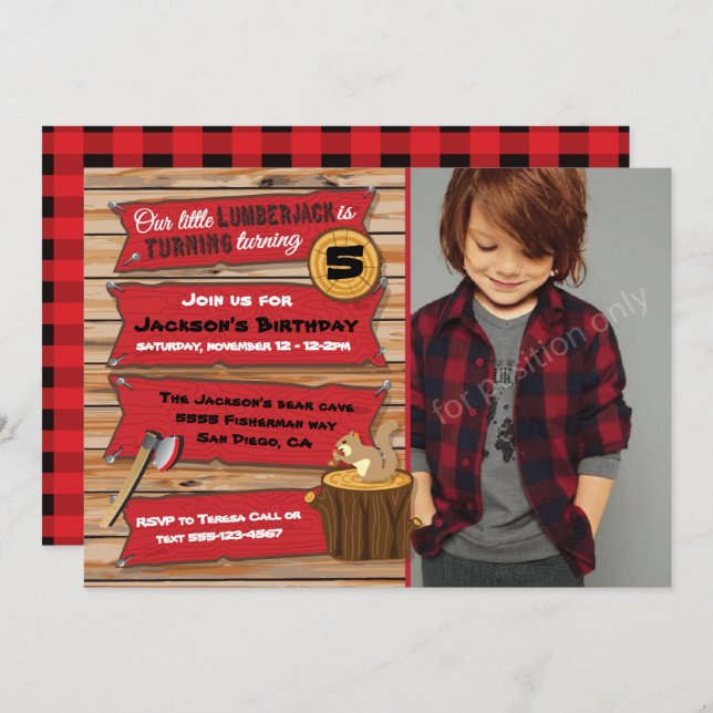 Rustic Lumberjack Birthday Party with Photo Invitation (Front/Back)