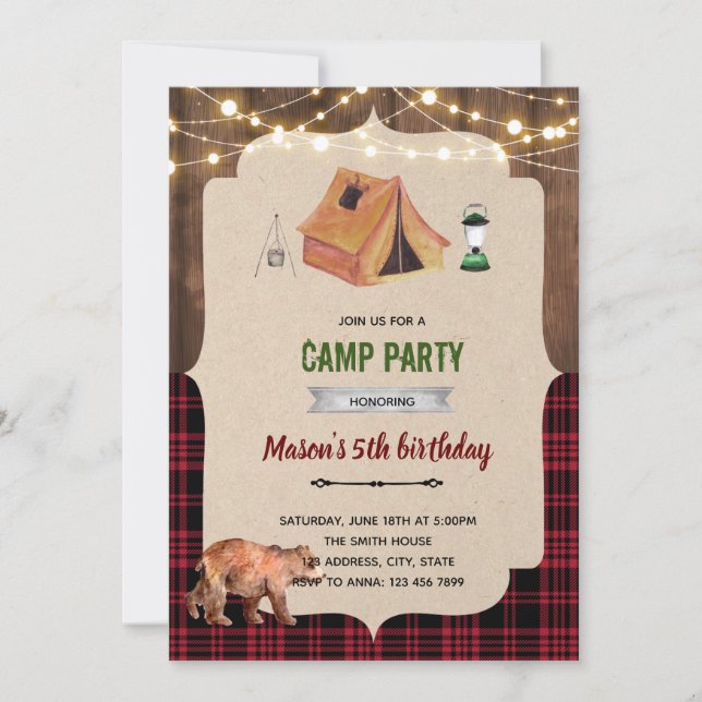Rustic lumberjack camp theme invitation (Front)