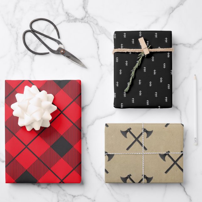 Rustic Lumberjack Plaid | Christmas Tree & Axes Wrapping Paper Sheet (Front)