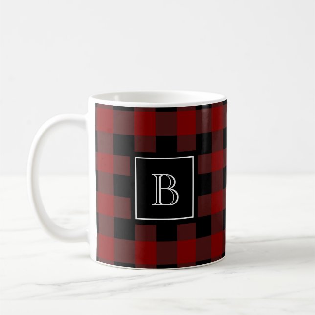 Rustic Lumberjack Plaid Pattern Monogram Initial Coffee Mug (Left)